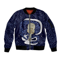 Blue New Zealand Eel Sleeve Zip Bomber Jacket Aotearoa Maori Tuna With Kotiate Weapon LT14 Unisex Blue - Polynesian Pride