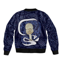 Blue New Zealand Eel Sleeve Zip Bomber Jacket Aotearoa Maori Tuna With Kotiate Weapon LT14 - Polynesian Pride