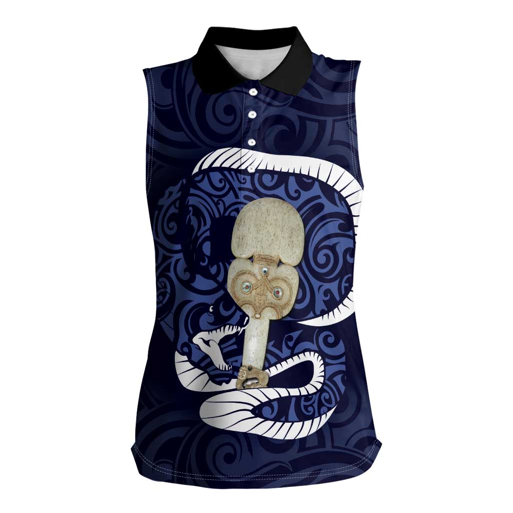 Blue New Zealand Eel Women Sleeveless Polo Shirt Aotearoa Maori Tuna With Kotiate Weapon LT14 Female Blue - Polynesian Pride