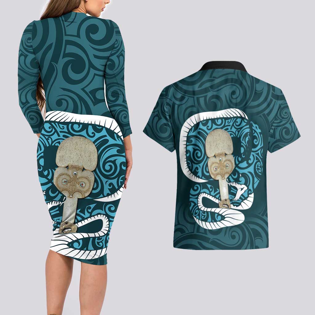 Turquoise New Zealand Eel Couples Matching Long Sleeve Bodycon Dress and Hawaiian Shirt Aotearoa Maori Tuna With Kotiate Weapon LT14 - Polynesian Pride