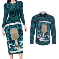 Turquoise New Zealand Eel Couples Matching Long Sleeve Bodycon Dress and Long Sleeve Button Shirt Aotearoa Maori Tuna With Kotiate Weapon LT14 Turquoise - Polynesian Pride
