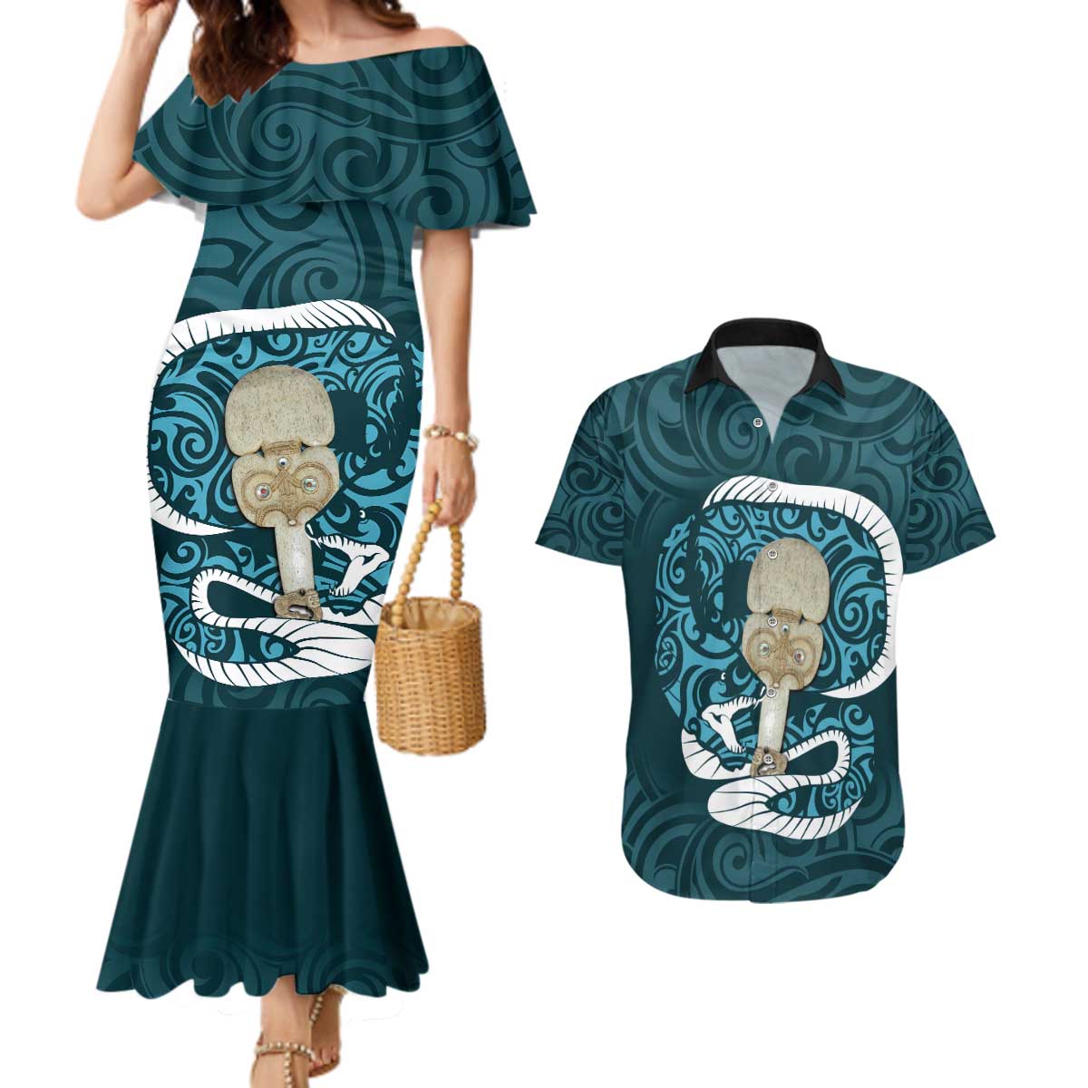 Turquoise New Zealand Eel Couples Matching Mermaid Dress and Hawaiian Shirt Aotearoa Maori Tuna With Kotiate Weapon LT14 Turquoise - Polynesian Pride