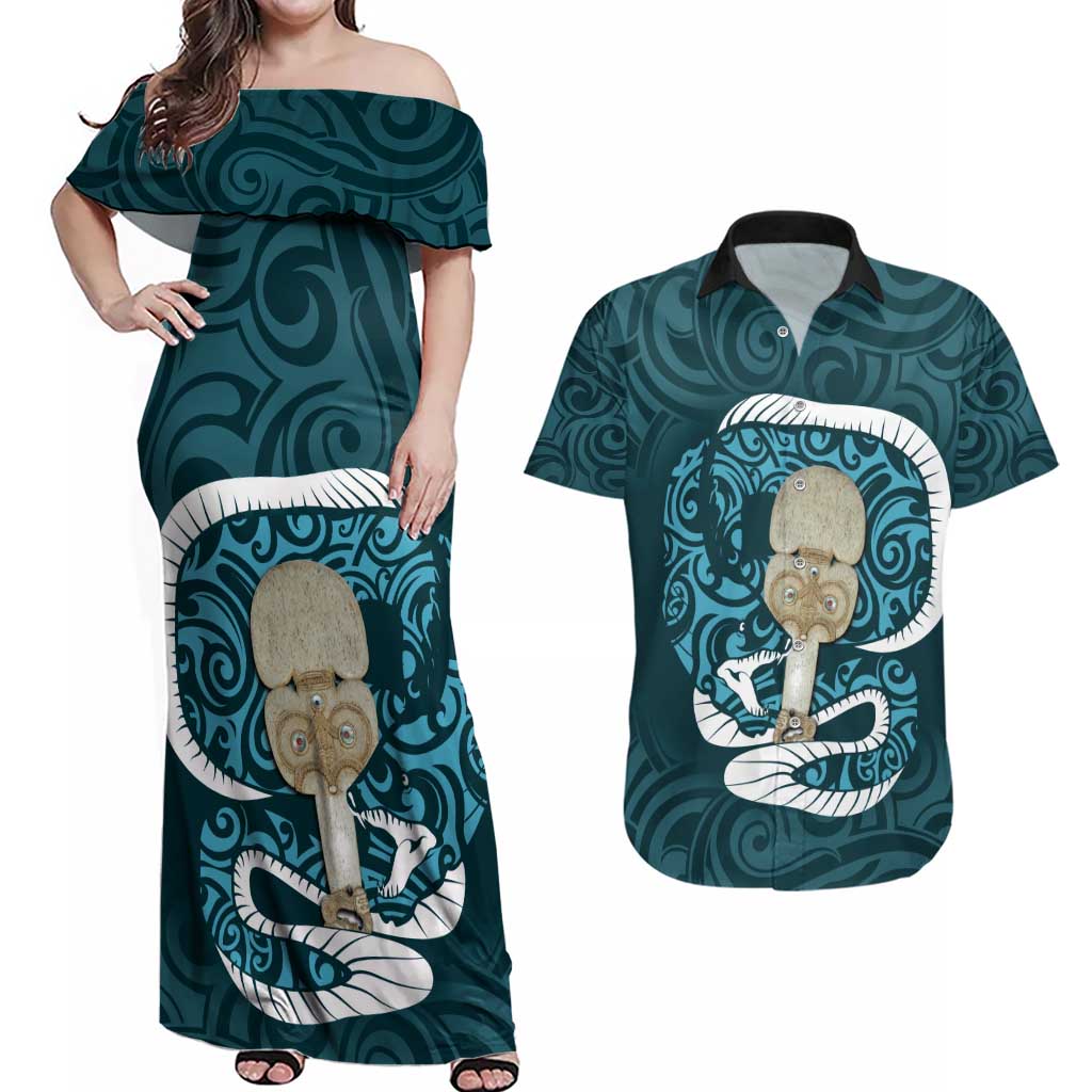 Turquoise New Zealand Eel Couples Matching Off Shoulder Maxi Dress and Hawaiian Shirt Aotearoa Maori Tuna With Kotiate Weapon LT14 Turquoise - Polynesian Pride