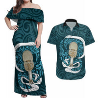 Turquoise New Zealand Eel Couples Matching Off Shoulder Maxi Dress and Hawaiian Shirt Aotearoa Maori Tuna With Kotiate Weapon LT14 Turquoise - Polynesian Pride