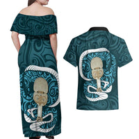 Turquoise New Zealand Eel Couples Matching Off Shoulder Maxi Dress and Hawaiian Shirt Aotearoa Maori Tuna With Kotiate Weapon LT14 - Polynesian Pride