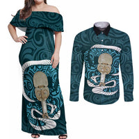 Turquoise New Zealand Eel Couples Matching Off Shoulder Maxi Dress and Long Sleeve Button Shirt Aotearoa Maori Tuna With Kotiate Weapon LT14 Turquoise - Polynesian Pride