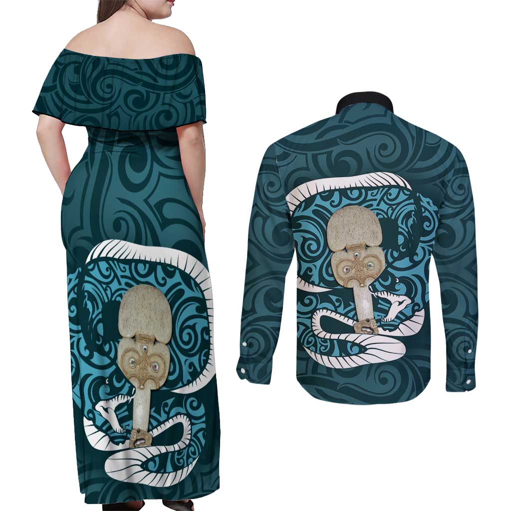 Turquoise New Zealand Eel Couples Matching Off Shoulder Maxi Dress and Long Sleeve Button Shirt Aotearoa Maori Tuna With Kotiate Weapon LT14 - Polynesian Pride