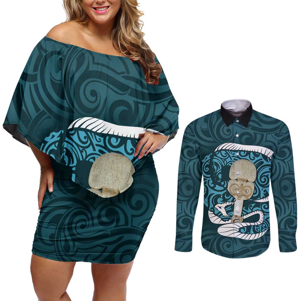 Turquoise New Zealand Eel Couples Matching Off Shoulder Short Dress and Long Sleeve Button Shirt Aotearoa Maori Tuna With Kotiate Weapon LT14 Turquoise - Polynesian Pride