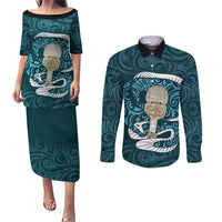 Turquoise New Zealand Eel Couples Matching Puletasi and Long Sleeve Button Shirt Aotearoa Maori Tuna With Kotiate Weapon LT14 Turquoise - Polynesian Pride