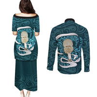 Turquoise New Zealand Eel Couples Matching Puletasi and Long Sleeve Button Shirt Aotearoa Maori Tuna With Kotiate Weapon LT14 - Polynesian Pride