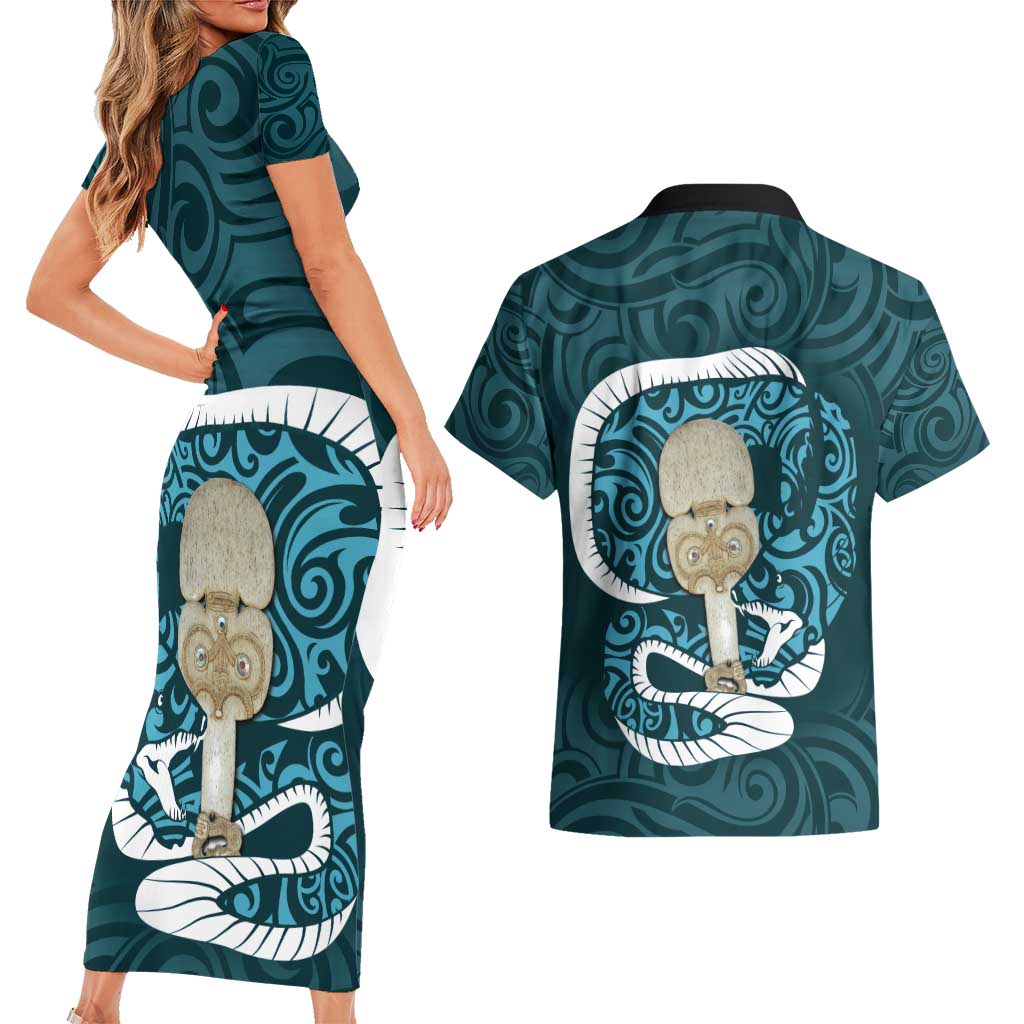 Turquoise New Zealand Eel Couples Matching Short Sleeve Bodycon Dress and Hawaiian Shirt Aotearoa Maori Tuna With Kotiate Weapon LT14 - Polynesian Pride