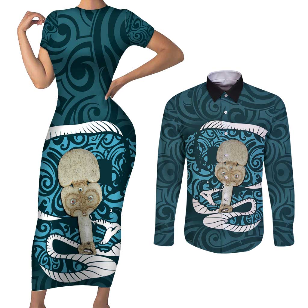 Turquoise New Zealand Eel Couples Matching Short Sleeve Bodycon Dress and Long Sleeve Button Shirt Aotearoa Maori Tuna With Kotiate Weapon LT14 Turquoise - Polynesian Pride