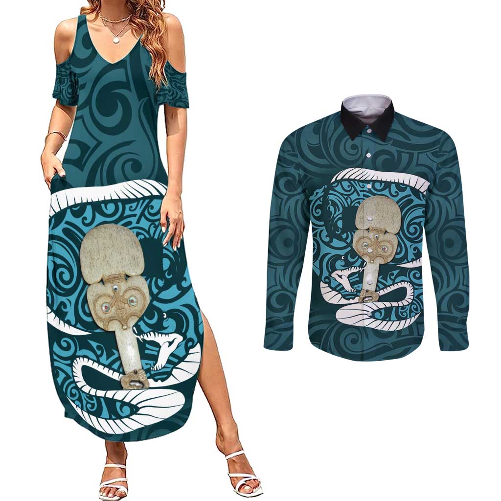 Turquoise New Zealand Eel Couples Matching Summer Maxi Dress and Long Sleeve Button Shirt Aotearoa Maori Tuna With Kotiate Weapon LT14 Turquoise - Polynesian Pride