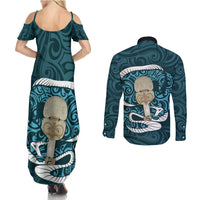 Turquoise New Zealand Eel Couples Matching Summer Maxi Dress and Long Sleeve Button Shirt Aotearoa Maori Tuna With Kotiate Weapon LT14 - Polynesian Pride