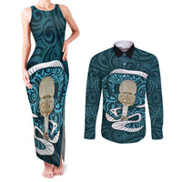 Turquoise New Zealand Eel Couples Matching Tank Maxi Dress and Long Sleeve Button Shirt Aotearoa Maori Tuna With Kotiate Weapon LT14 Turquoise - Polynesian Pride