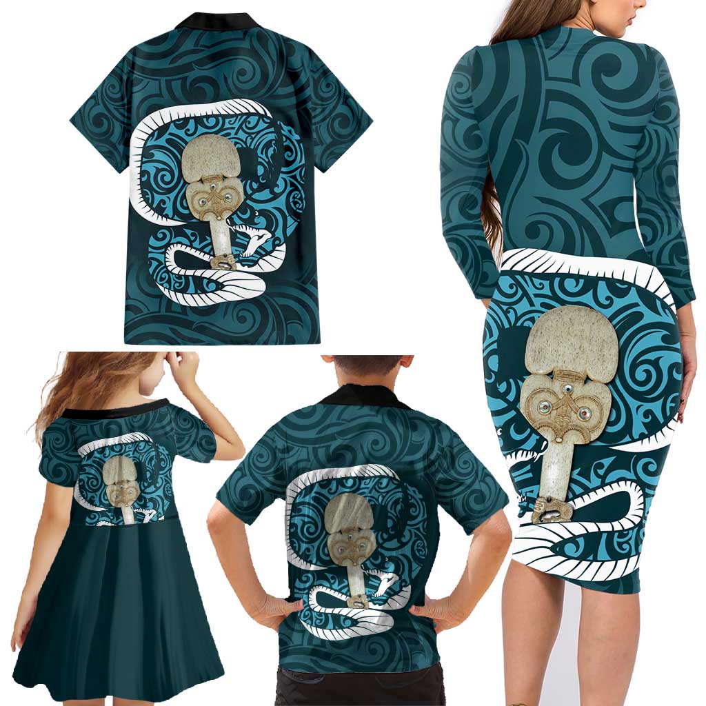 Turquoise New Zealand Eel Family Matching Long Sleeve Bodycon Dress and Hawaiian Shirt Aotearoa Maori Tuna With Kotiate Weapon LT14 - Polynesian Pride