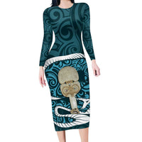 Turquoise New Zealand Eel Family Matching Long Sleeve Bodycon Dress and Hawaiian Shirt Aotearoa Maori Tuna With Kotiate Weapon LT14 Mom's Dress Turquoise - Polynesian Pride