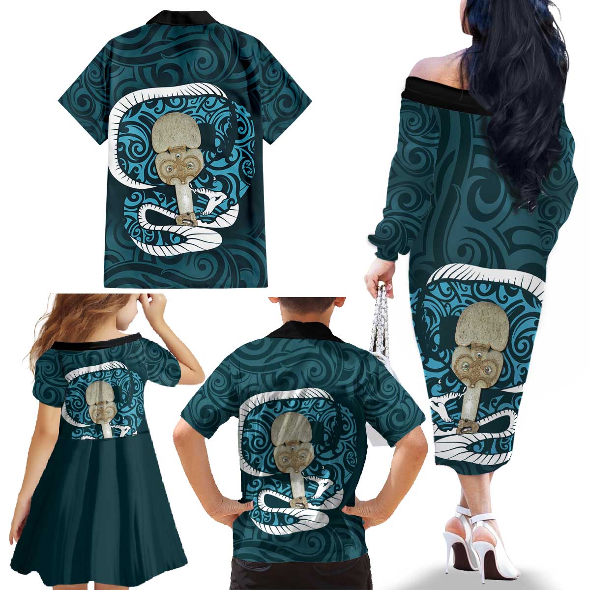 Turquoise New Zealand Eel Family Matching Off The Shoulder Long Sleeve Dress and Hawaiian Shirt Aotearoa Maori Tuna With Kotiate Weapon LT14 - Polynesian Pride
