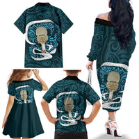 Turquoise New Zealand Eel Family Matching Off The Shoulder Long Sleeve Dress and Hawaiian Shirt Aotearoa Maori Tuna With Kotiate Weapon LT14 - Polynesian Pride