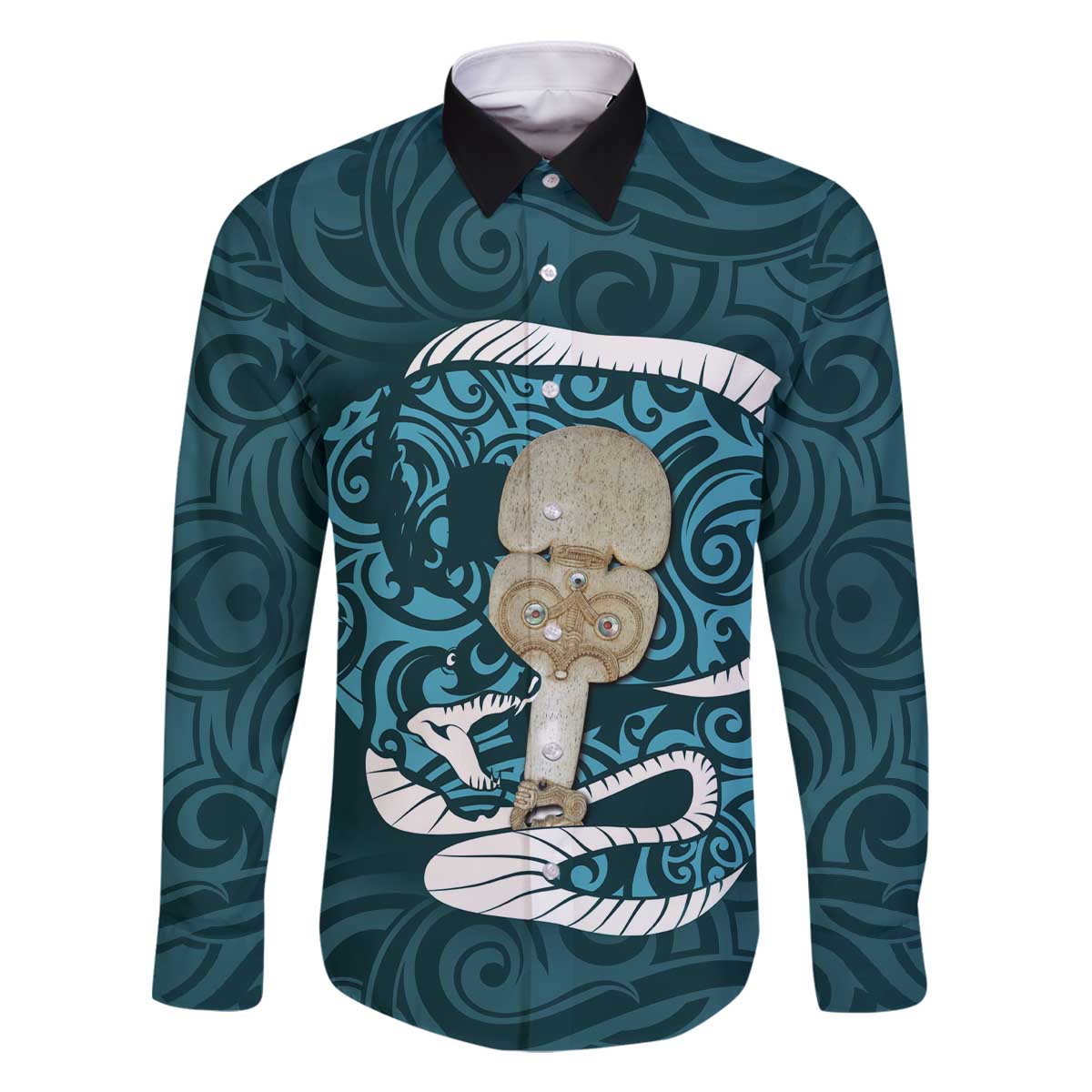 Turquoise New Zealand Eel Family Matching Off The Shoulder Long Sleeve Dress and Hawaiian Shirt Aotearoa Maori Tuna With Kotiate Weapon LT14 Dad's Shirt - Long Sleeve Turquoise - Polynesian Pride