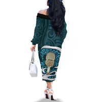 Turquoise New Zealand Eel Family Matching Off The Shoulder Long Sleeve Dress and Hawaiian Shirt Aotearoa Maori Tuna With Kotiate Weapon LT14 - Polynesian Pride
