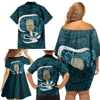 Turquoise New Zealand Eel Family Matching Off Shoulder Short Dress and Hawaiian Shirt Aotearoa Maori Tuna With Kotiate Weapon LT14 - Polynesian Pride