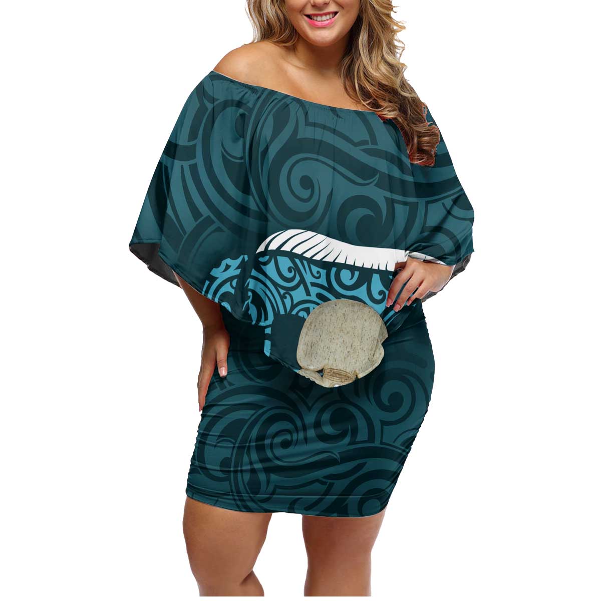 Turquoise New Zealand Eel Family Matching Off Shoulder Short Dress and Hawaiian Shirt Aotearoa Maori Tuna With Kotiate Weapon LT14 Mom's Dress Turquoise - Polynesian Pride