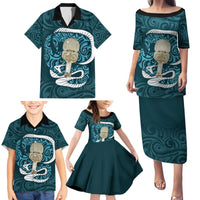 Turquoise New Zealand Eel Family Matching Puletasi and Hawaiian Shirt Aotearoa Maori Tuna With Kotiate Weapon LT14 - Polynesian Pride