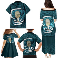 Turquoise New Zealand Eel Family Matching Puletasi and Hawaiian Shirt Aotearoa Maori Tuna With Kotiate Weapon LT14 - Polynesian Pride