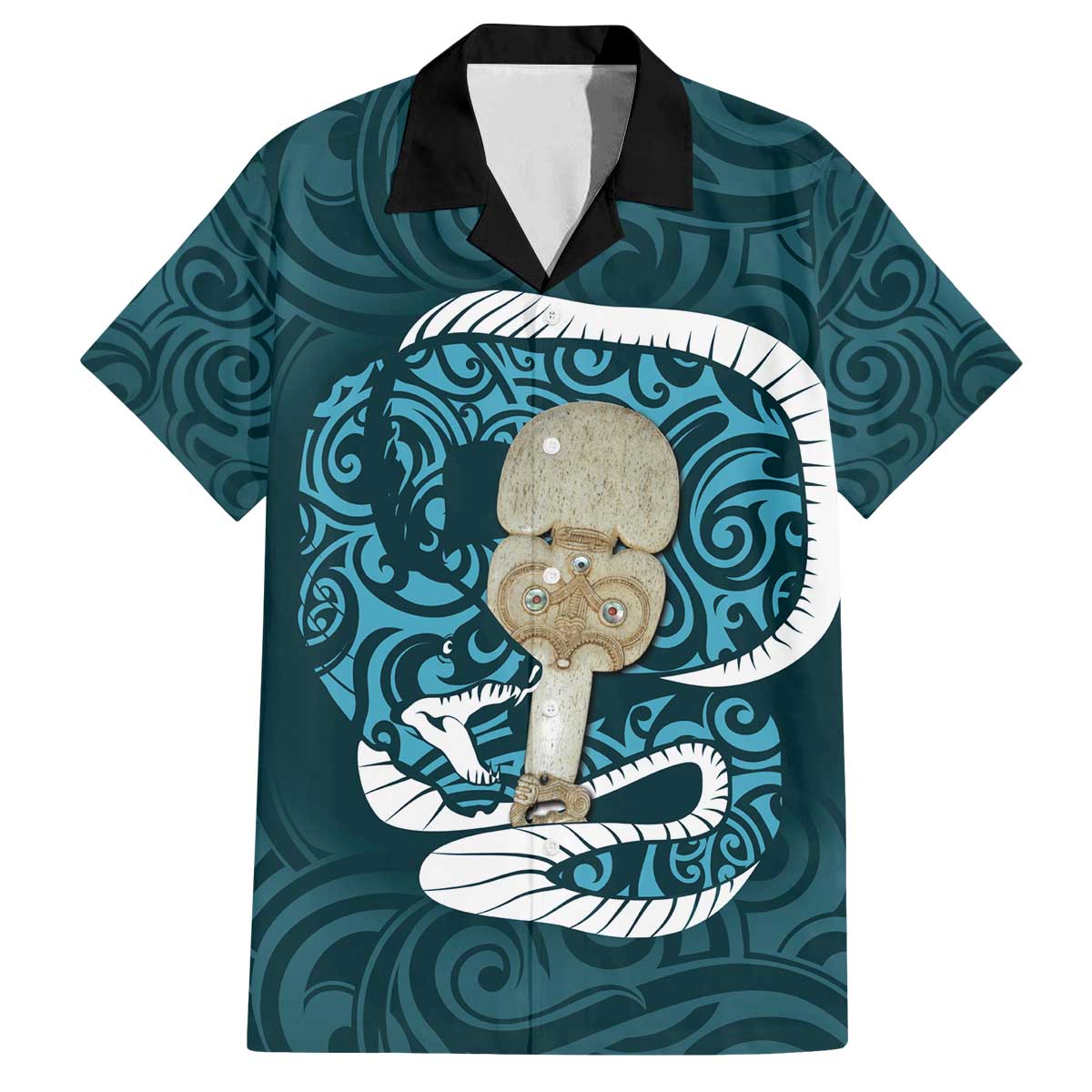 Turquoise New Zealand Eel Family Matching Puletasi and Hawaiian Shirt Aotearoa Maori Tuna With Kotiate Weapon LT14 Dad's Shirt - Short Sleeve Turquoise - Polynesian Pride
