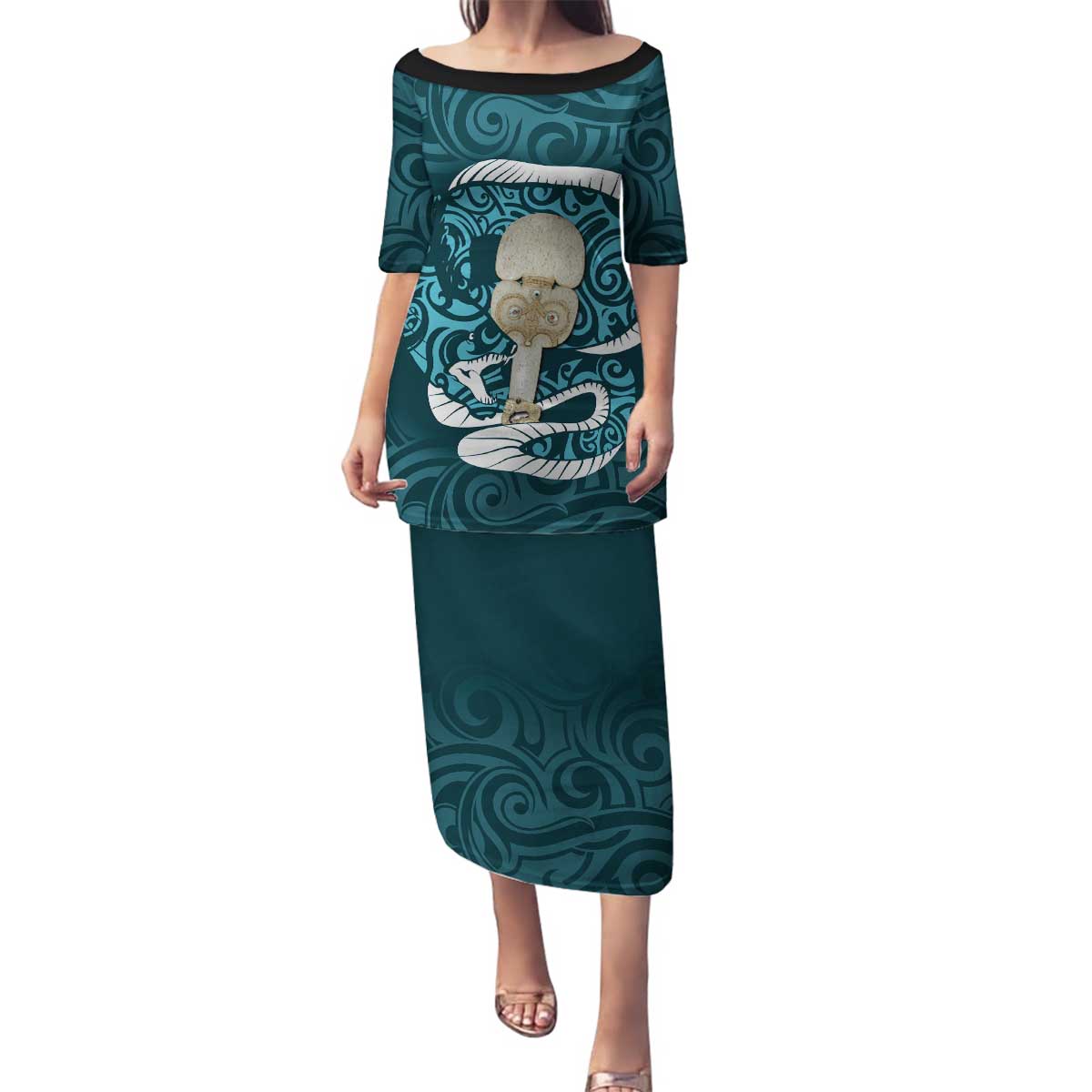 Turquoise New Zealand Eel Family Matching Puletasi and Hawaiian Shirt Aotearoa Maori Tuna With Kotiate Weapon LT14 Mom's Dress Turquoise - Polynesian Pride