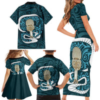 Turquoise New Zealand Eel Family Matching Short Sleeve Bodycon Dress and Hawaiian Shirt Aotearoa Maori Tuna With Kotiate Weapon LT14 - Polynesian Pride