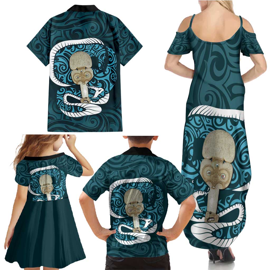 Turquoise New Zealand Eel Family Matching Summer Maxi Dress and Hawaiian Shirt Aotearoa Maori Tuna With Kotiate Weapon LT14 - Polynesian Pride