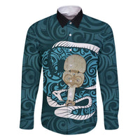 Turquoise New Zealand Eel Family Matching Summer Maxi Dress and Hawaiian Shirt Aotearoa Maori Tuna With Kotiate Weapon LT14 Dad's Shirt - Long Sleeve Turquoise - Polynesian Pride