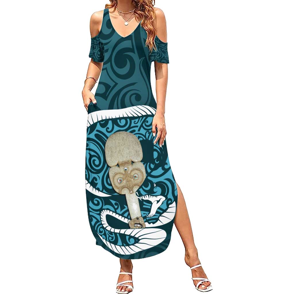 Turquoise New Zealand Eel Family Matching Summer Maxi Dress and Hawaiian Shirt Aotearoa Maori Tuna With Kotiate Weapon LT14 Mom's Dress Turquoise - Polynesian Pride