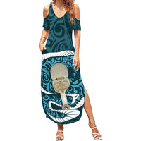 Turquoise New Zealand Eel Family Matching Summer Maxi Dress and Hawaiian Shirt Aotearoa Maori Tuna With Kotiate Weapon LT14 Mom's Dress Turquoise - Polynesian Pride
