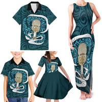 Turquoise New Zealand Eel Family Matching Tank Maxi Dress and Hawaiian Shirt Aotearoa Maori Tuna With Kotiate Weapon LT14 - Polynesian Pride