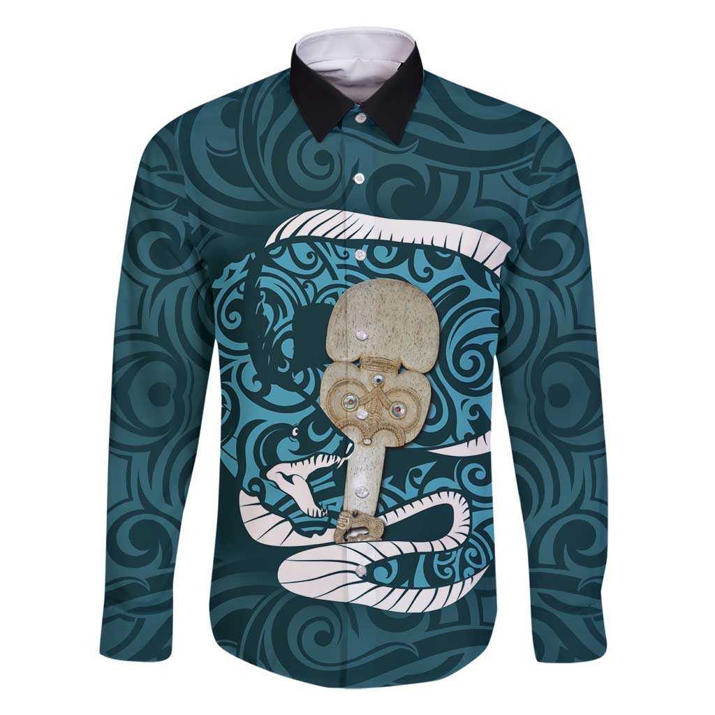 Turquoise New Zealand Eel Family Matching Tank Maxi Dress and Hawaiian Shirt Aotearoa Maori Tuna With Kotiate Weapon LT14 Dad's Shirt - Long Sleeve Turquoise - Polynesian Pride