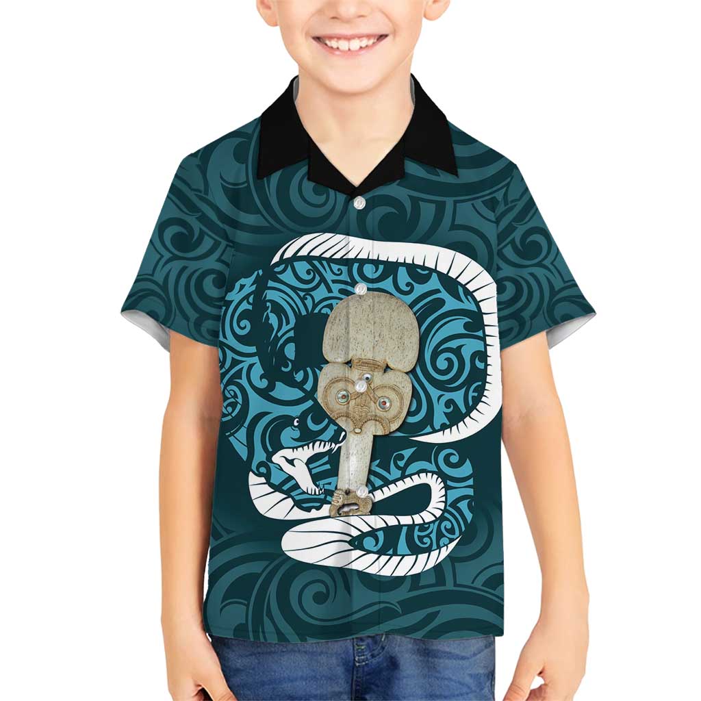 Turquoise New Zealand Eel Family Matching Tank Maxi Dress and Hawaiian Shirt Aotearoa Maori Tuna With Kotiate Weapon LT14 Son's Shirt Turquoise - Polynesian Pride