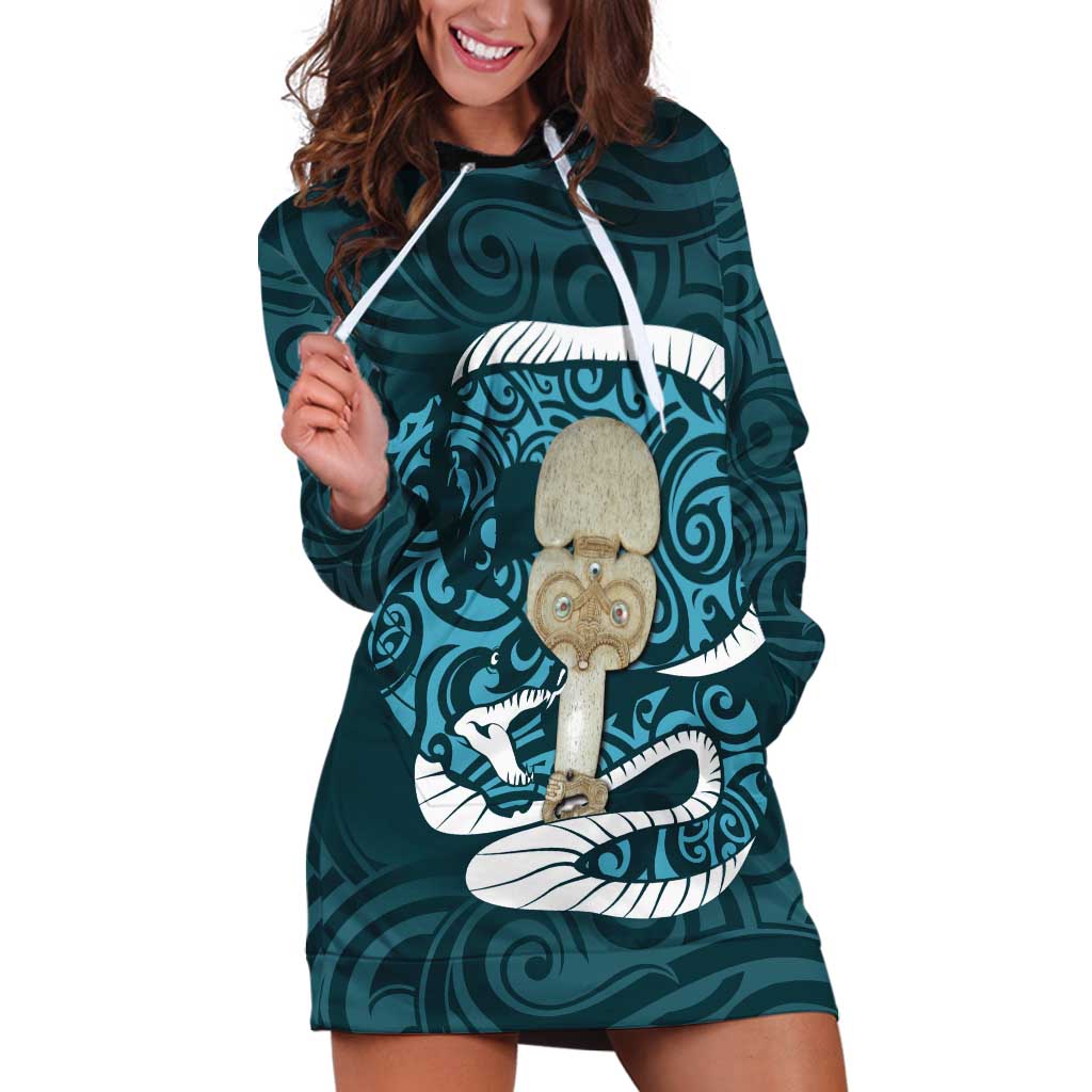 Turquoise New Zealand Eel Hoodie Dress Aotearoa Maori Tuna With Kotiate Weapon LT14 Turquoise - Polynesian Pride