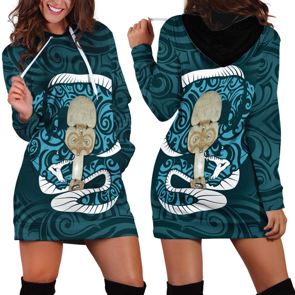 Turquoise New Zealand Eel Hoodie Dress Aotearoa Maori Tuna With Kotiate Weapon LT14 - Polynesian Pride