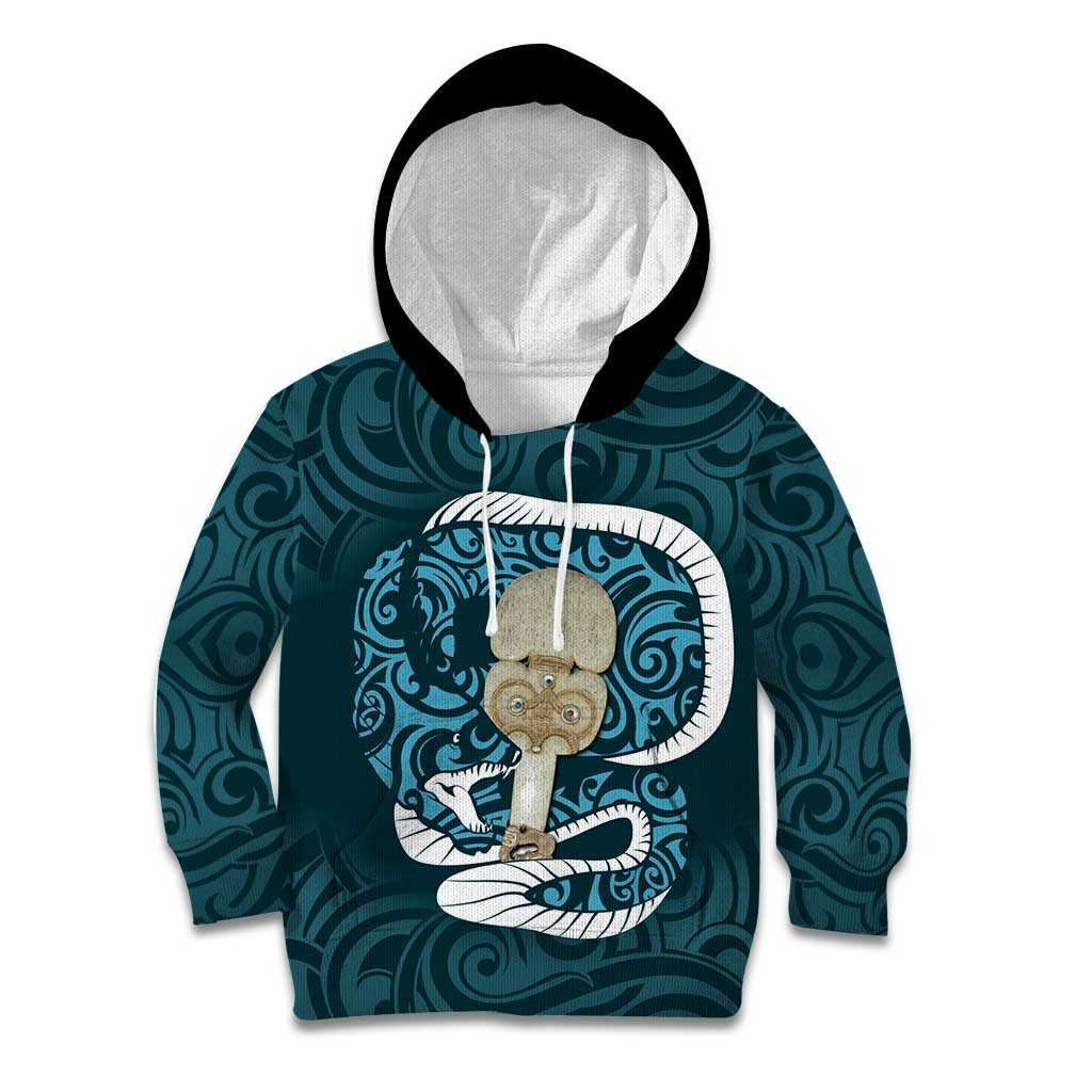 Turquoise New Zealand Eel Kid Hoodie Aotearoa Maori Tuna With Kotiate Weapon LT14 Hoodie Turquoise - Polynesian Pride