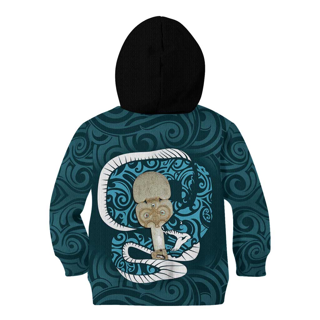 Turquoise New Zealand Eel Kid Hoodie Aotearoa Maori Tuna With Kotiate Weapon LT14 - Polynesian Pride