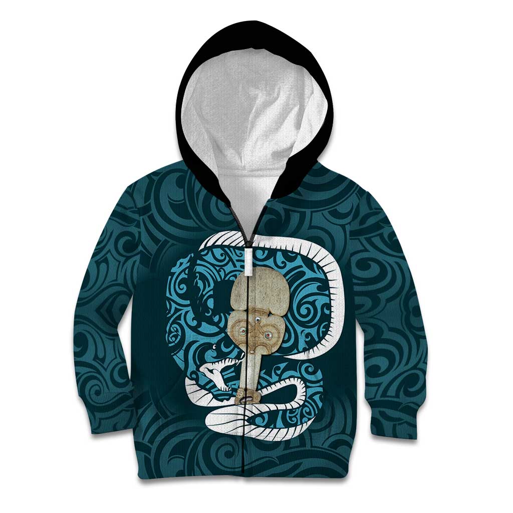 Turquoise New Zealand Eel Kid Hoodie Aotearoa Maori Tuna With Kotiate Weapon LT14 Zip Hoodie Turquoise - Polynesian Pride