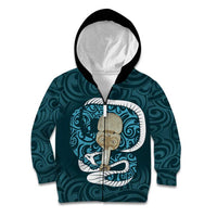 Turquoise New Zealand Eel Kid Hoodie Aotearoa Maori Tuna With Kotiate Weapon LT14 Zip Hoodie Turquoise - Polynesian Pride