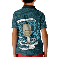 Turquoise New Zealand Eel Kid Polo Shirt Aotearoa Maori Tuna With Kotiate Weapon LT14 - Polynesian Pride
