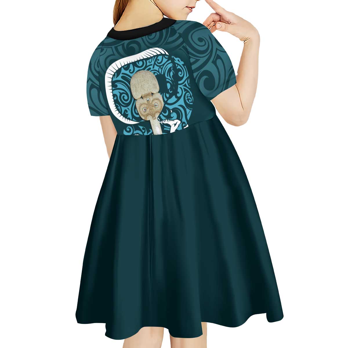 Turquoise New Zealand Eel Kid Short Sleeve Dress Aotearoa Maori Tuna With Kotiate Weapon LT14 - Polynesian Pride