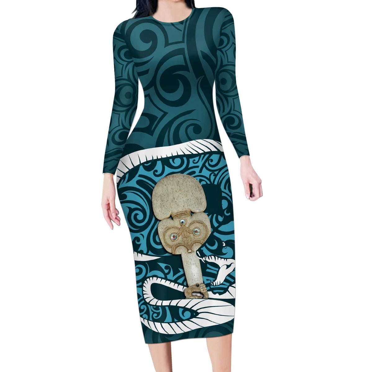 Turquoise New Zealand Eel Long Sleeve Bodycon Dress Aotearoa Maori Tuna With Kotiate Weapon LT14 Long Dress Turquoise - Polynesian Pride