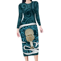 Turquoise New Zealand Eel Long Sleeve Bodycon Dress Aotearoa Maori Tuna With Kotiate Weapon LT14 Long Dress Turquoise - Polynesian Pride