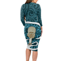Turquoise New Zealand Eel Long Sleeve Bodycon Dress Aotearoa Maori Tuna With Kotiate Weapon LT14 - Polynesian Pride